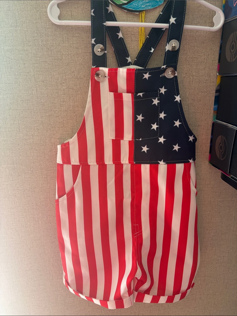 Kids Red & Blue Flag-Print Short Overalls